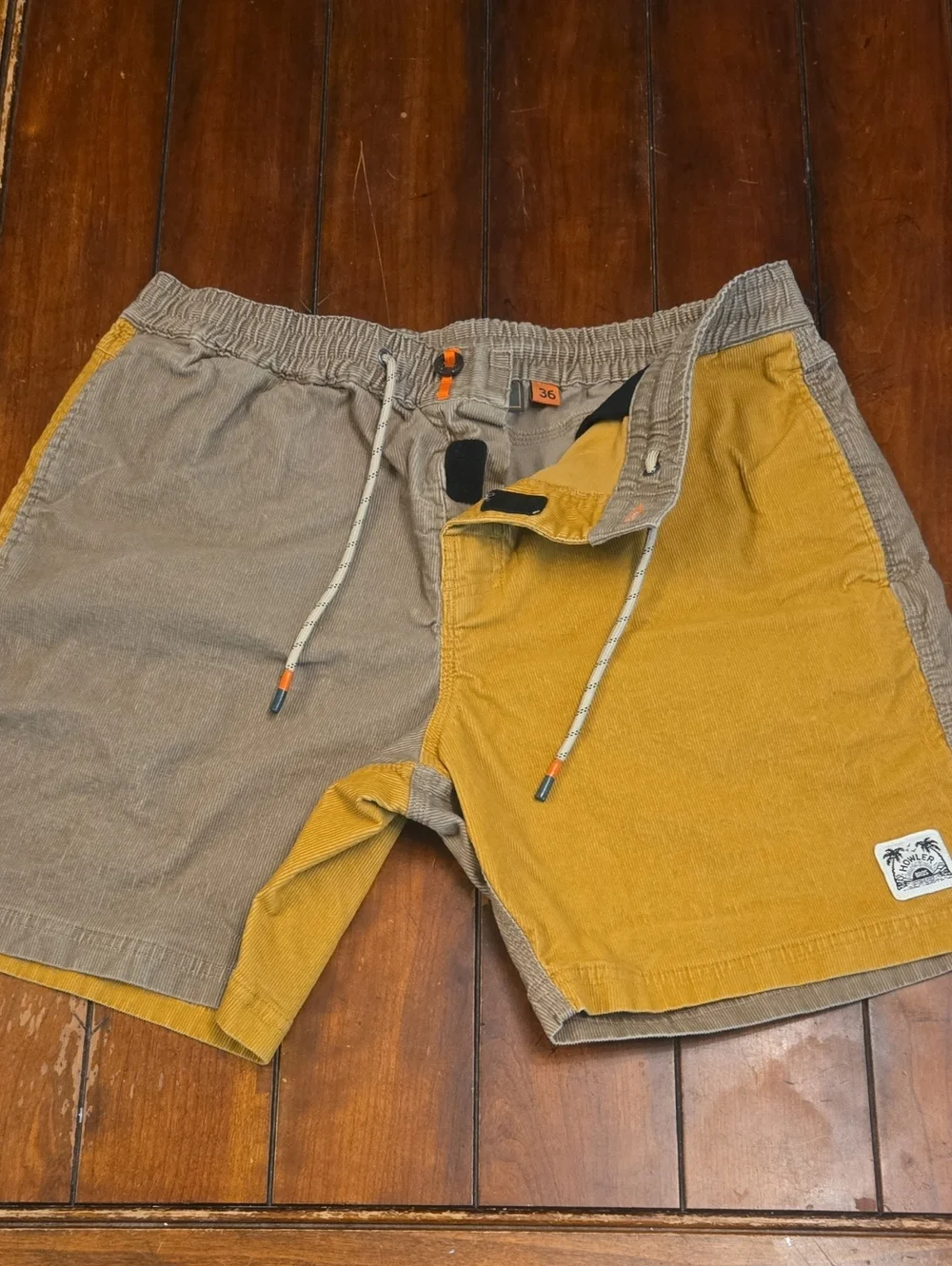 Howler Brothers Two-Tone Corduroy Shorts in Mustard and Taupe
